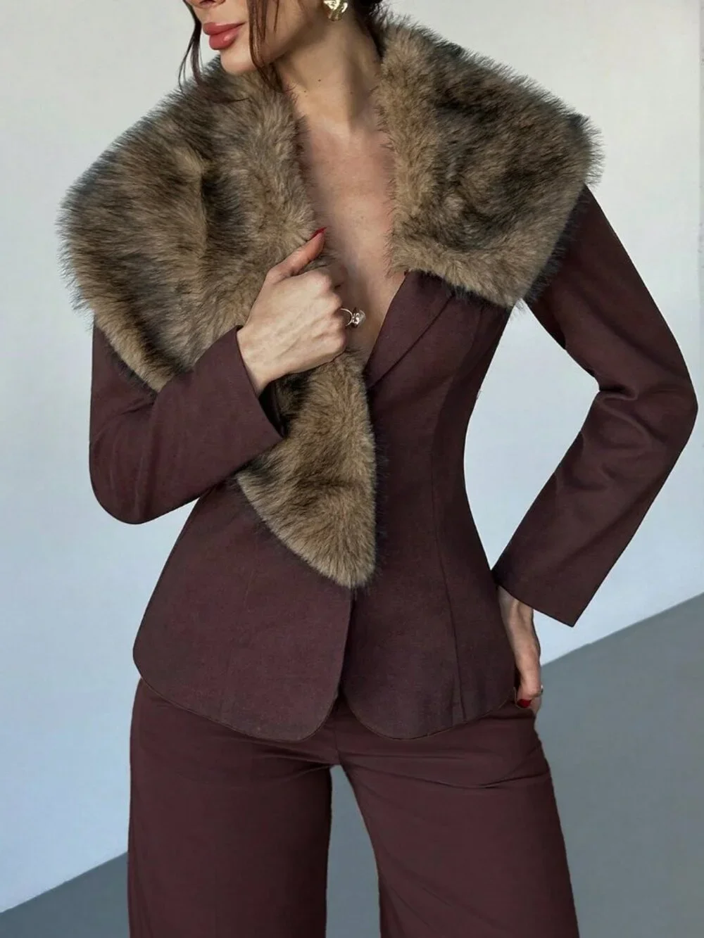 Brown Casual Women's Faux Fur Collar Waist Cinched Long blazer jacket